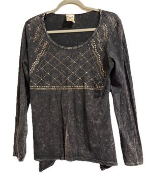 Vocal Black Washed Long-Sleeve Top with Gold Studded Yoke